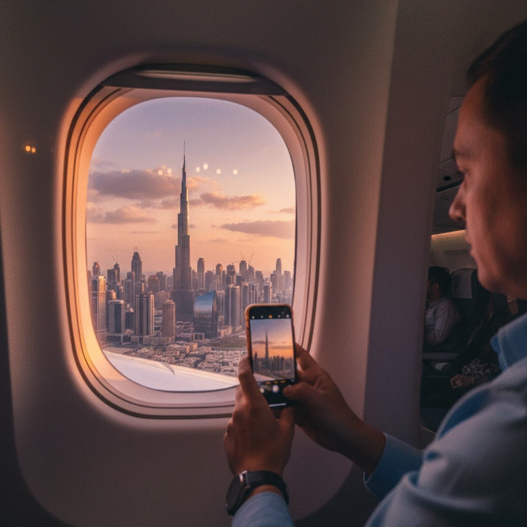 man looking at the airplane window with Dubai skyline as the veiw