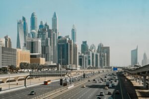 A modern Dubai skyline with cars and roads, ideal location for offshore company