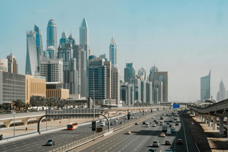 A modern Dubai skyline with cars and roads, ideal location for offshore company