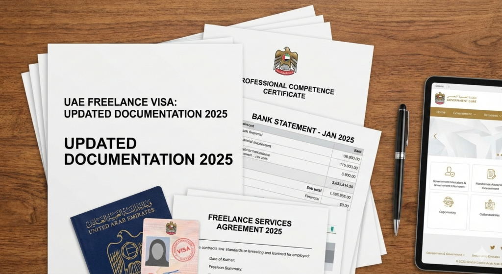 Stack of documents showing passport, client contract, bank statement, and professional certificate, representing the updated documentation requirements for the UAE Freelance Visa in 2025.