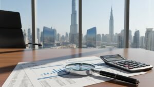 Image of calculator and documents in an office with Burj Khalifa view SCORP