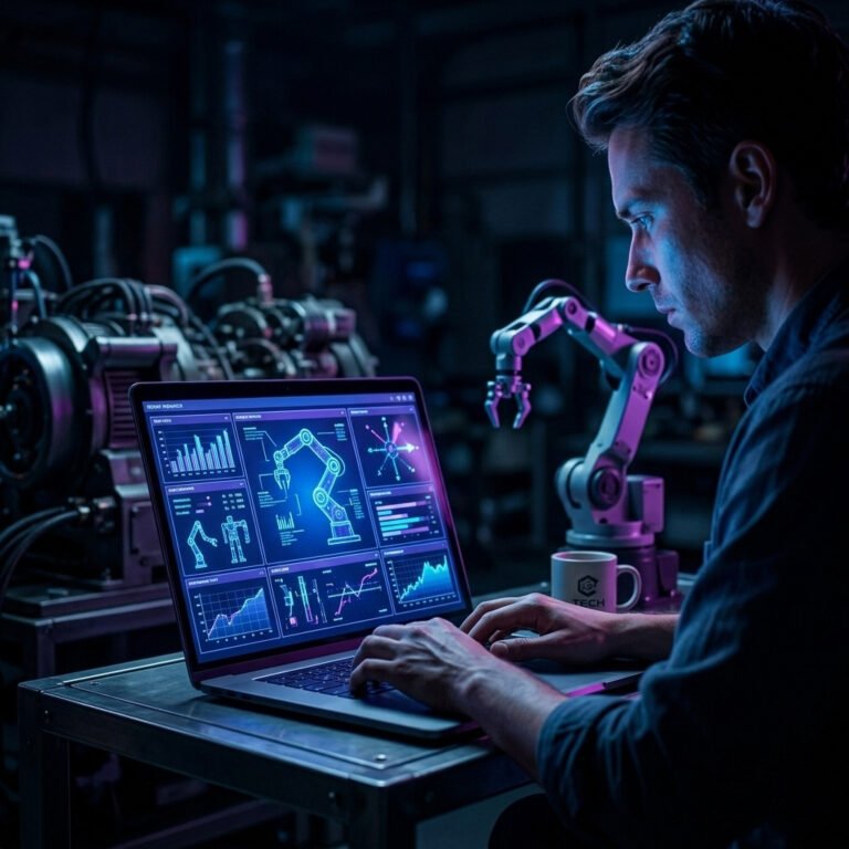 Creative imag of a person in front of a laptop with robotics data