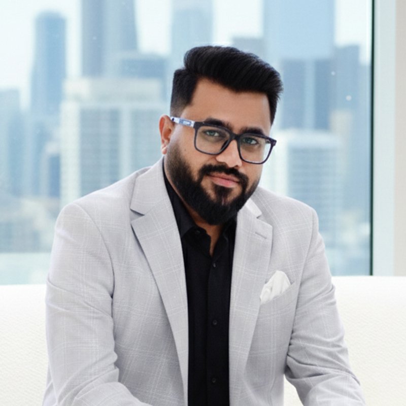Bearded man with glasses in a light gray blazer, city skyline blurred behind